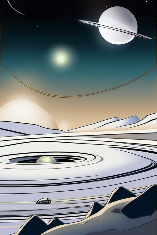 White planet with rings, two moons, one star and an alien watching

