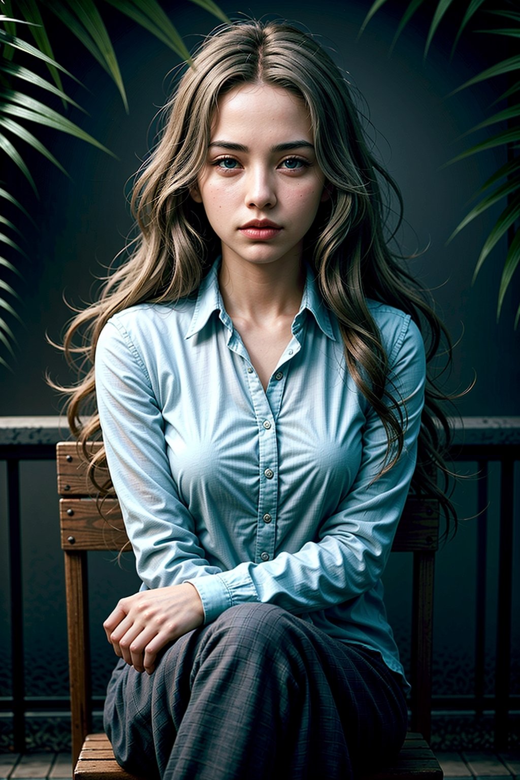 woman in a tech setting, exuding confidence and intensity. She should have real humanlike features, with light grey eyes, big pouty lips, and long wavy light blonde hair. The background should a nice green park, she should be facing forward in a good top formal shirt covering her, and sitting on a chair in a park with sea background.