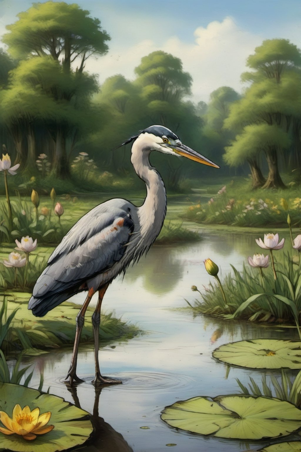 a heron in a swamp full in spring. with some flower in the background

