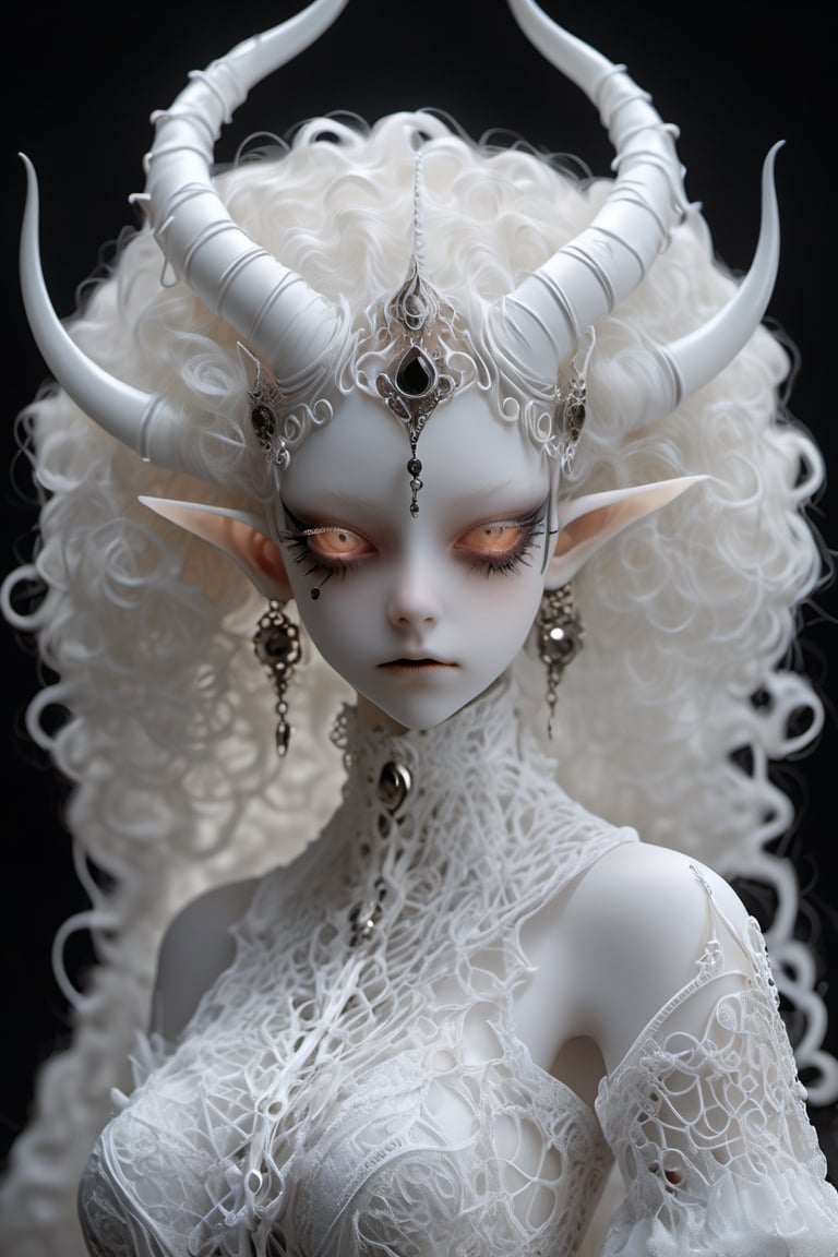 albino demon girl with lethargic sleepy smokey eyes, white curls , insect eyes, antenna , mesh fishnet blouse, (long intricate black horns:1.2)     best quality, highest quality, extremely detailed CG unity 8k wallpaper, detailed and intricate,, full body view, sexy pose, Silver diadem, Demon Princess,more detail XL