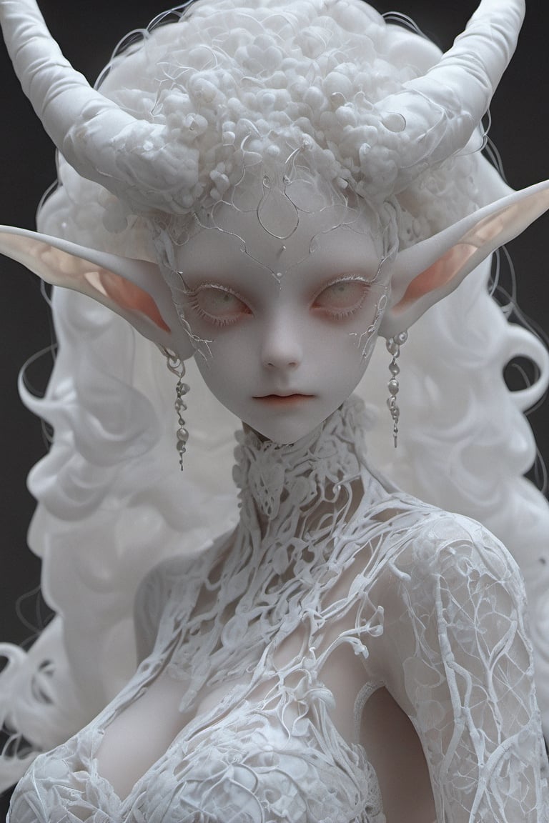 albino demon girl with lethargic sleepy smokey eyes, white curls , insect eyes, antenna , mesh fishnet blouse, (long intricate horns:1.2)     best quality, highest quality, extremely detailed CG unity 8k wallpaper, detailed and intricate,, full body view, sexy pose, Silver diadem, Demon Princess