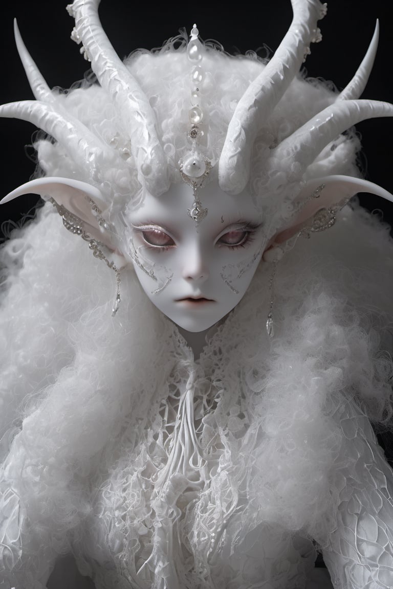 albino demon girl with lethargic sleepy smokey eyes, white curls , insect eyes, antenna , mesh fishnet blouse, (long intricate black horns:1.2)     best quality, highest quality, extremely detailed CG unity 8k wallpaper, detailed and intricate,, full body view, sexy pose, Silver diadem, Demon Princess