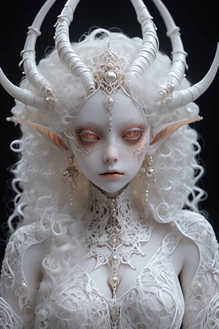 albino demon girl with lethargic sleepy smokey eyes, white curls , insect eyes, antenna , mesh fishnet blouse, (long intricate  horns:1.2)     best quality, highest quality, extremely detailed CG unity 8k wallpaper, detailed and intricate,, full body view, pose, Silver diadem, Demon Princess, more detail XL