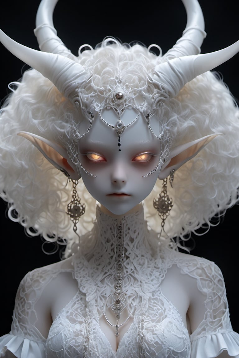 albino demon girl with lethargic sleepy smokey eyes, white curls , insect eyes, antenna , mesh fishnet blouse, (long intricate black horns:1.2)     best quality, highest quality, extremely detailed CG unity 8k wallpaper, detailed and intricate,, full body view, sexy pose, Silver diadem, Demon Princess,more detail XL