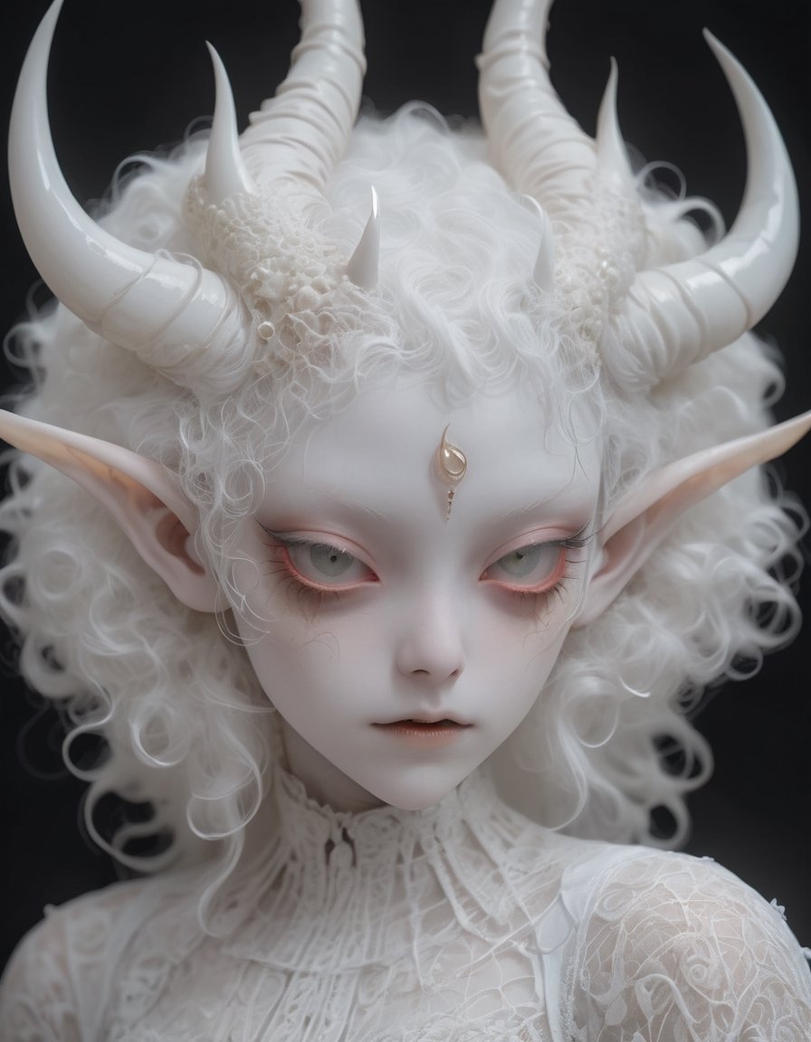 albino demon girl with lethargic sleepy smokey eyes, white curls , insect eyes, antenna , mesh fishnet blouse, (long intricate horns:1.2)     best quality, highest quality, extremely detailed CG unity 8k wallpaper, detailed and intricate,