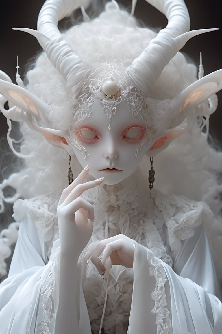 albino demon girl with lethargic sleepy smokey eyes, white curls , insect eyes, antenna , mesh fishnet blouse, (long intricate horns:1.2)     best quality, highest quality, extremely detailed CG unity 8k wallpaper, detailed and intricate,, full body view, sexy pose, 