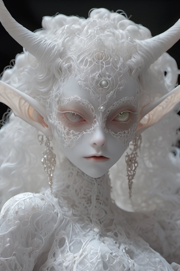 albino demon girl with lethargic sleepy smokey eyes, white curls , insect eyes, antenna , mesh fishnet blouse, (long intricate horns:1.2)     best quality, highest quality, extremely detailed CG unity 8k wallpaper, detailed and intricate,