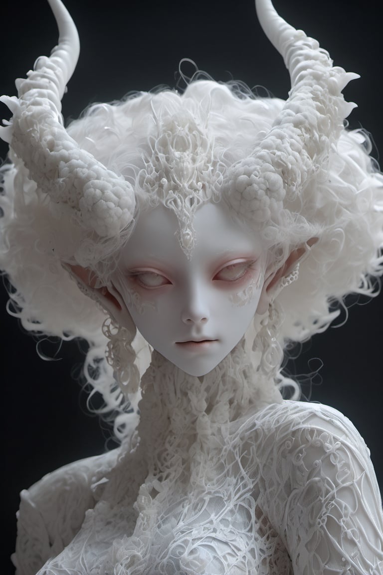 albino demon girl with lethargic sleepy smokey eyes, white curls , insect eyes, antenna , mesh fishnet blouse, (long intricate horns:1.2)     best quality, highest quality, extremely detailed CG unity 8k wallpaper, detailed and intricate,, full body view, sexy pose, 