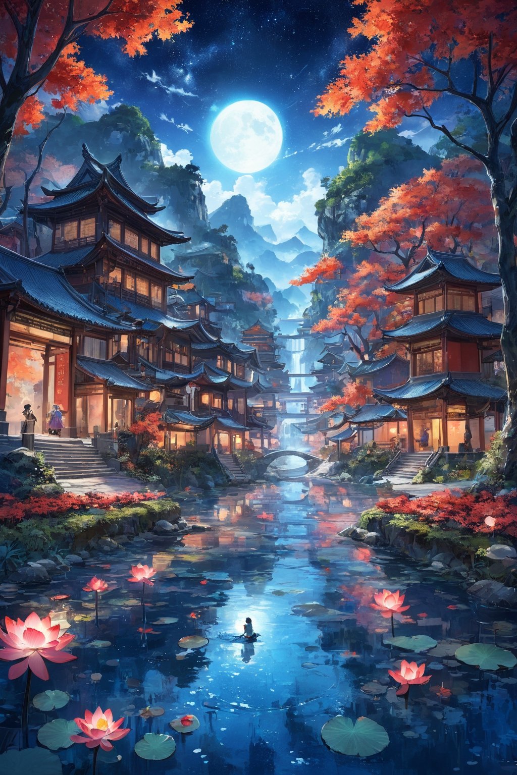 Official Art, Unity 8K Wallpaper, Extreme Detailed, Beautiful and Aesthetic, Masterpiece, Top Quality, perfect anatomy, a beautifully drawn (((ink illustration))) depicting, integrating elements of calligraphy, vintage, BLUE and INDIGO accents, watercolor painting, concept art, (best illustration), (best shadow), Analog Color Theme, vivid colours, contrast, smooth, sharp focus, scenery,

Masterpiece, best quality, (very detailed CG unified 8k wallpaper), (best quality), (best illustration), (best shadow), glowing elf with a glowing deer, drinking water in the pool, natural elements in forest theme. Mysterious forest, beautiful forest, nature, surrounded by flowers, delicate leaves and branches surrounded by fireflies (natural elements), (jungle theme), (leaves), (branches), (fireflies), (particle effects) and other 3D, Octane rendering, ray tracing, super detailed, alpine flowing water Qing dinasty artistic conception beauty, there is a kind of sea and a hundred rivers with tolerance and great artistic conception, and landscape painting of Jiangnan water town. Red atmosphere, maple leaves, autumn, artistic conception, red lotus, lotus pond moonlight, autumn, pond --auto --s2,Renaissance Sci-Fi Fantasy