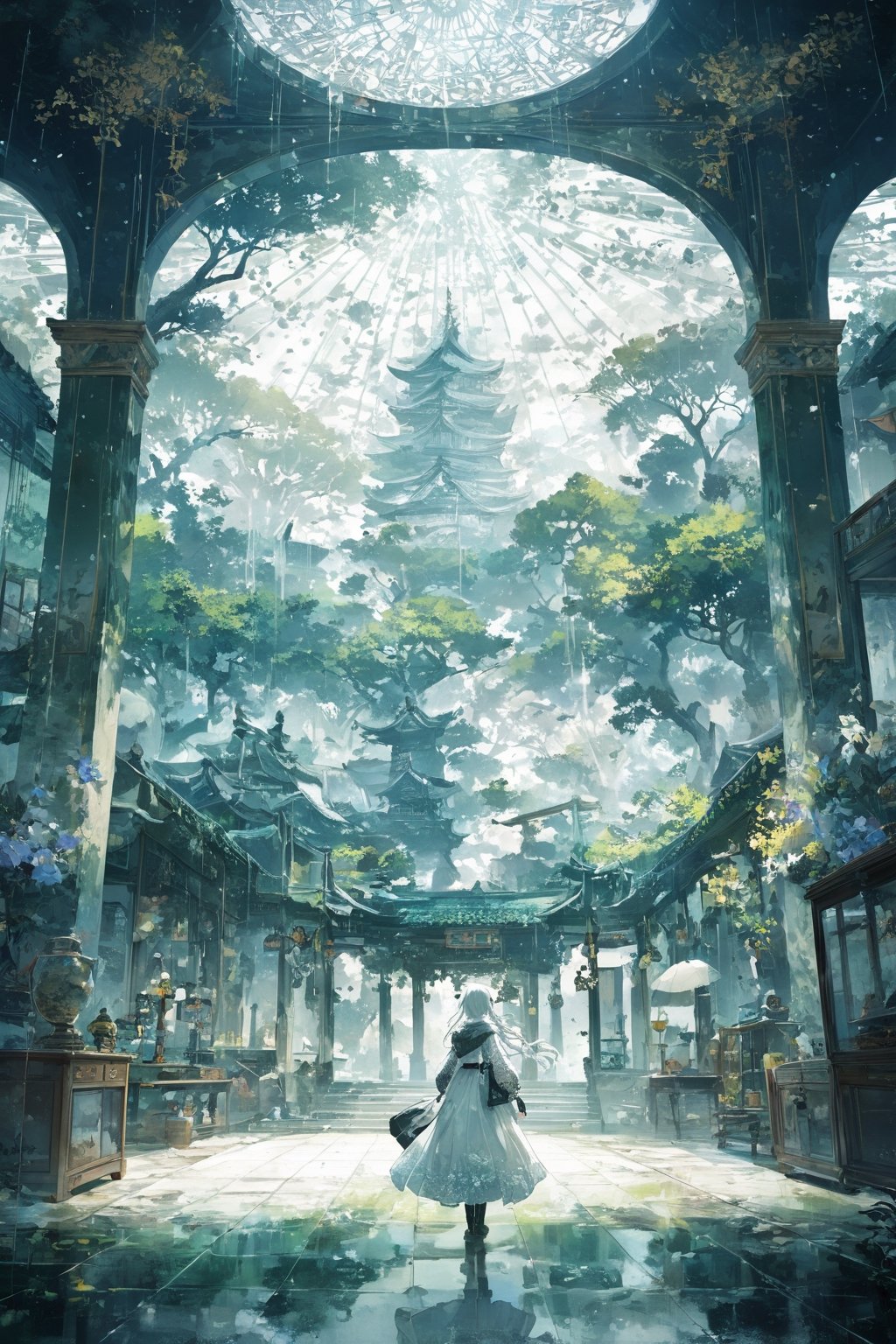 Official Art, Unity 8K Wallpaper, Extreme Detailed, Beautiful and Aesthetic, Masterpiece, Top Quality, perfect anatomy, a beautifully drawn (((ink illustration))) depicting, integrating elements of calligraphy, vintage, GREEN and YELLOW accents, watercolor painting, concept art, (best illustration), (best shadow), Analog Color Theme, vivid colours, contrast, smooth, sharp focus, scenery,
1 girl, albino girl,12 years old,(Pure white long braided pigtails),braided hair, Beautiful iris with high precision,,sexy mesh fishnet blouse,Girl in transparent raincoat,Luxury Room Backdrops ,dal,loukong1,gigantic_breasts