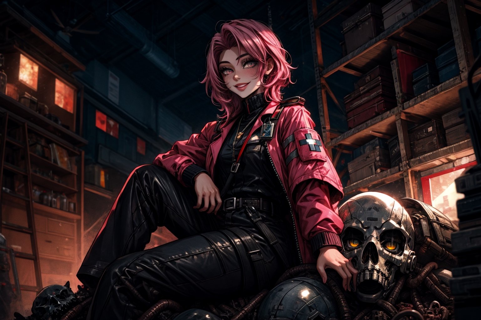 High quality, masterpiece, 1boy, shiny dark pink hair, amber_eyes, plague time medic suit, sitting on a pile of corpses with a wicked smile