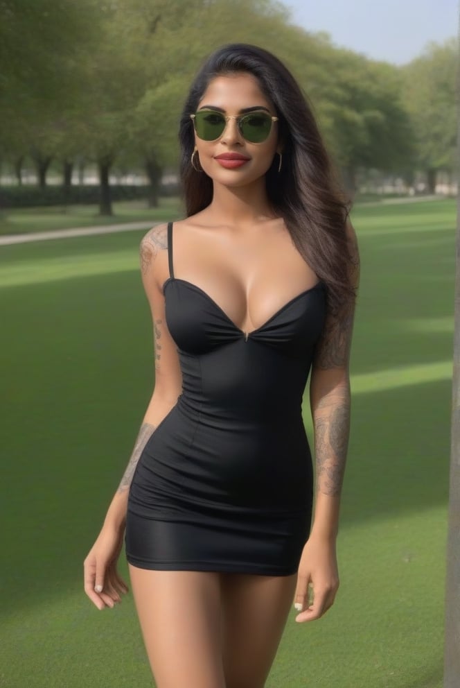 (Realistic 4k) (super realistic) 24yo indian girl Perfect four head ,(rounded sprinkle Eyes) (browneyes ) ( nose shape include short straight,  snub,) (baby pink heart bow lips, )(rough soft skin) , (thik soft cheeks) (wide square round shape face) , (natural beauty),( dark black hair) , (looking at down )  (perfect body shape) ( midium hips) (midium breast)(standing in green  park ) (8k background) (8k realistic) (wearing black golden suit ) (laughing) looking left side -(thik frame sun glasses), (tattoo on one side) (high heels),Breasts 