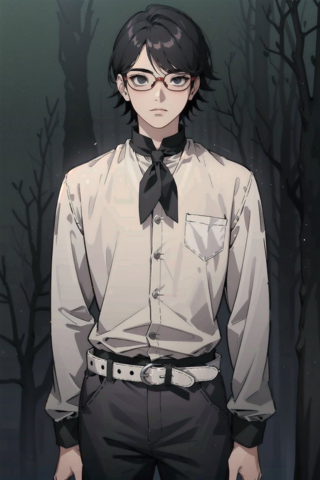 alone, dark background, long sleeves, 1 boy, forest background, male focus, belt, pants, gradient, gradient background, glasses
