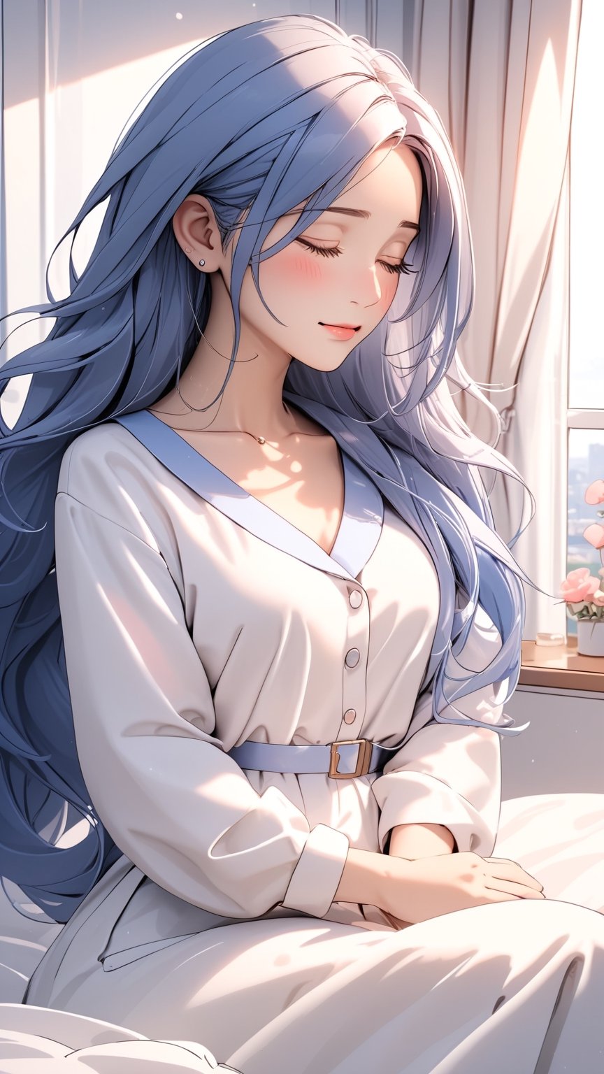 1girl, solo, long hair, blush, bangs, long sleeves, dress, sitting, blue hair, collarbone, closed eyes, braid, indoors, white dress, pillow, window, bed, on bed, sleeping, curtains, lamp, picture frame