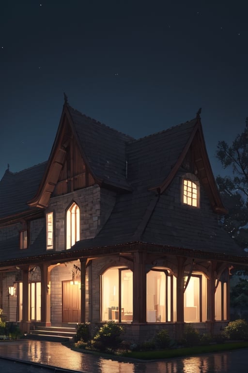 masterpiece, high quality, highres, house exterior, gothic house, dark background, night, nighttime