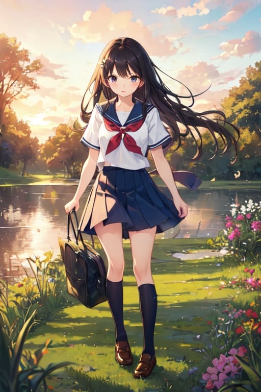 masterpiece, high quality, 1girl, school uniform, grass