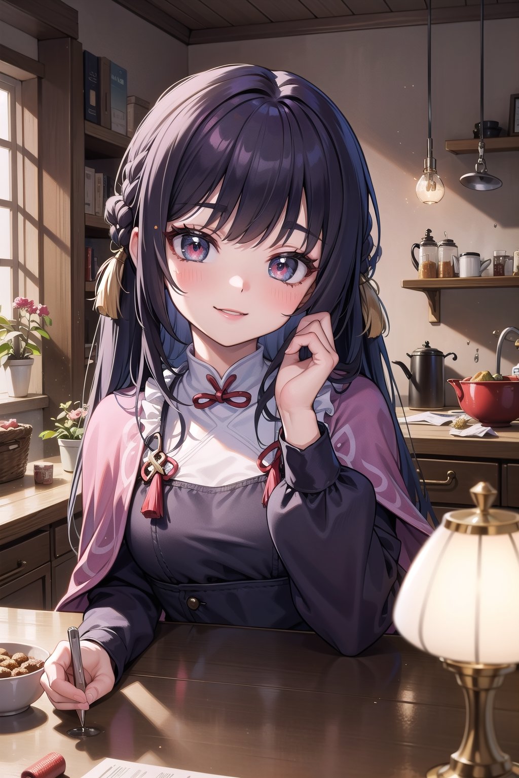 yunjindef, (masterpiece), best quality, high_resolution, highly detailed, detailed_background, perfect lighting, 1girl, bangs, ruby eyes, medieval village, full_body, 8k, indoors, small breasts, lips, smile face, romance_mood, cute face, looking-at-viewer, upper_body, romance_theme, kitchen, drug_use, 