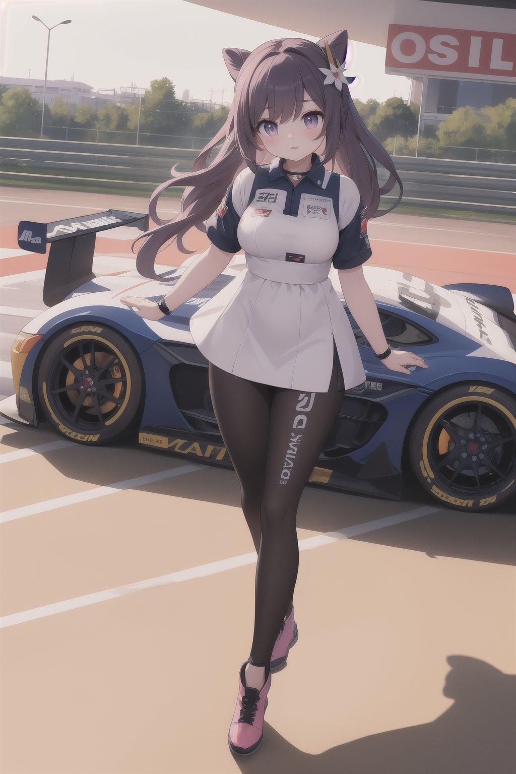 keqingdef, (masterpiece), best quality, HDR, ultra_hd, high resolution, highly detailed, detailed background, perfect lighting, perfect shadows, cute, 8k, depth_of_field, gorgeous light and shadow, ruby eyes, race pilot, car racing, race track, 