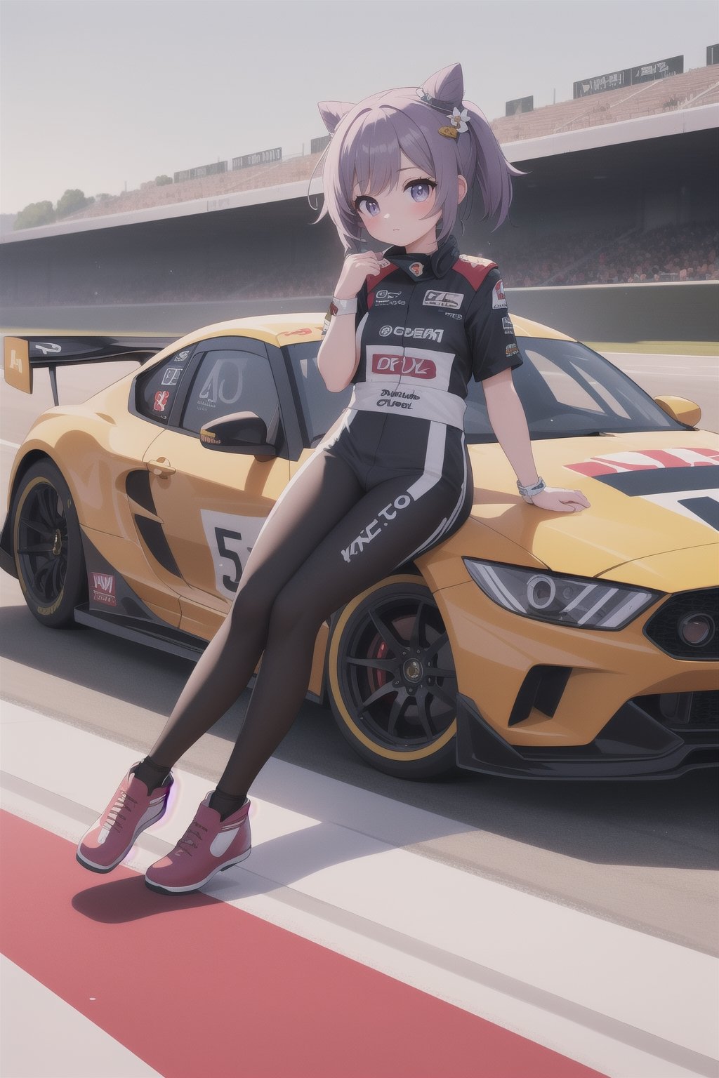 keqingdef, (masterpiece), best quality, HDR, ultra_hd, high resolution, highly detailed, detailed background, perfect lighting, perfect shadows, cute, 8k, depth_of_field, gorgeous light and shadow, ruby eyes, race pilot, car racing, race track, drive a racing car,
