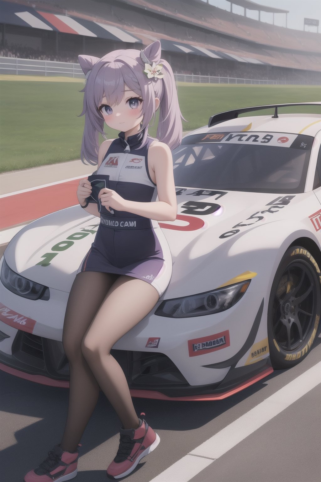 keqingdef, keqingdef, (masterpiece), best quality, HDR, ultra_hd, high resolution, highly detailed, detailed background, perfect lighting, perfect shadows, cute, 8k, depth_of_field, gorgeous light and shadow, ruby eyes, race pilot, car racing, race track, drive a racing car, control a racing car, cockpit, Presentation of prizes,
