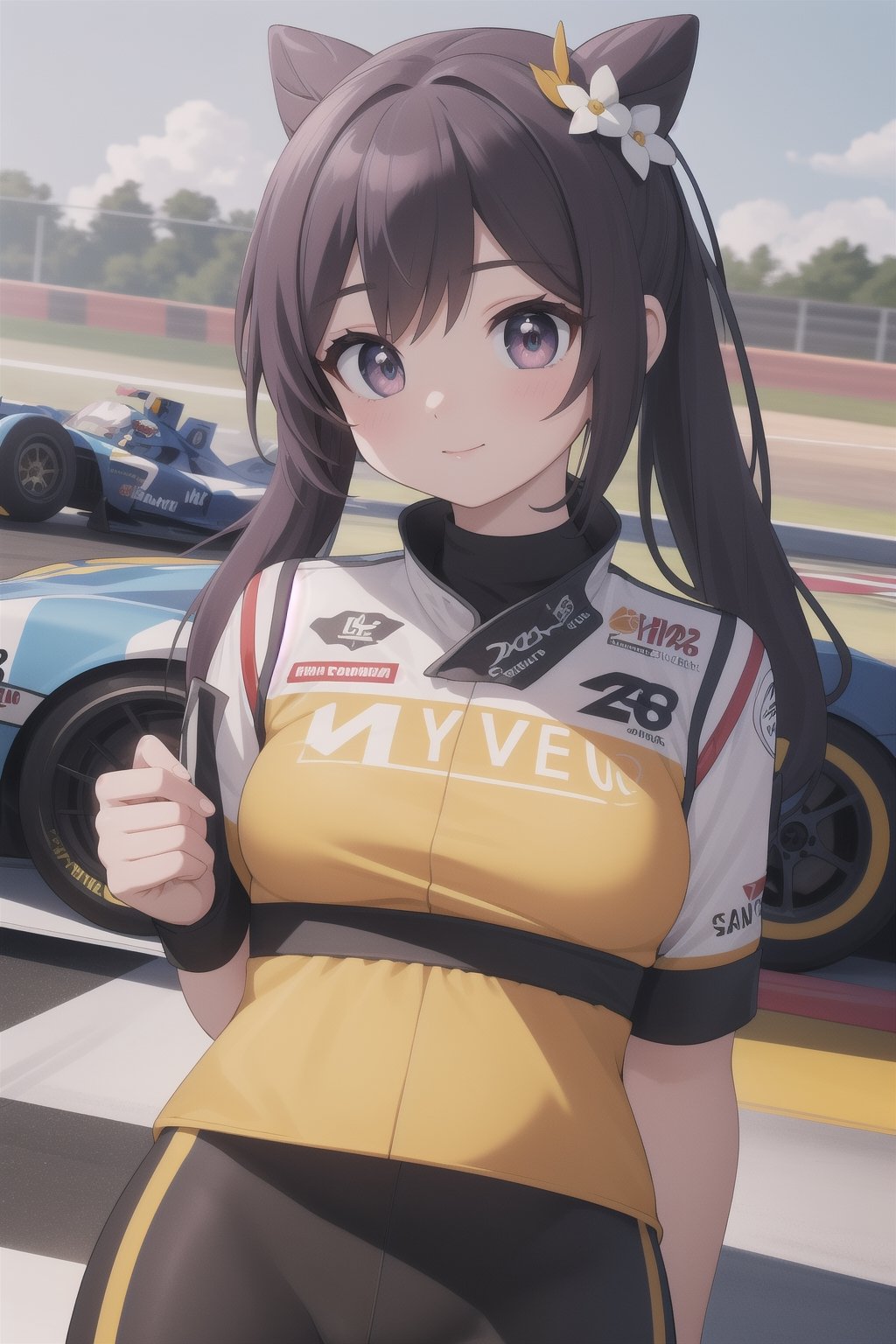 keqingdef, (masterpiece), best quality, HDR, ultra_hd, high resolution, highly detailed, detailed background, perfect lighting, perfect shadows, cute, 8k, depth_of_field, gorgeous light and shadow, ruby eyes, race pilot, car racing, race track, drive a racing car, drive a race car,