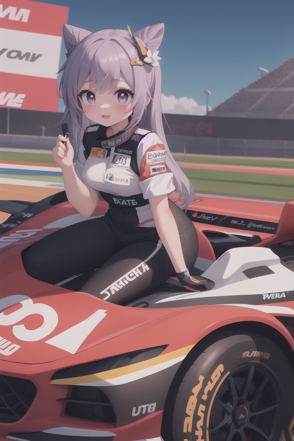 keqingdef, keqingdef, (masterpiece), best quality, HDR, ultra_hd, high resolution, highly detailed, detailed background, perfect lighting, perfect shadows, cute, 8k, depth_of_field, gorgeous light and shadow, ruby eyes, race pilot, car racing, race track, drive a racing car, control a racing car, cockpit,