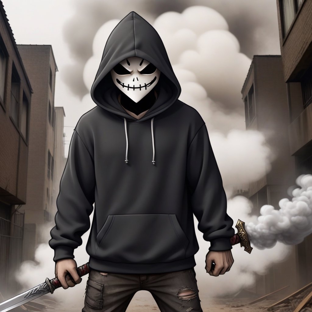 full-figure character dressed in a black hooded sweatshirt with his face covered by a cloud of smoke, the little that can be seen of his face has the features of an evil emoticon, hostile but friendly attitude, manga style, he has a giant sword, it is set in an urban setting, with dirt and decay,potma style
