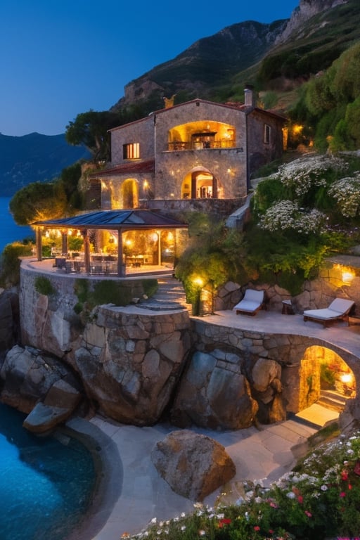 A villa next to a mountain wall, by the sea, with a flower garden, a wine bar, a small pool with big rocks, a starry night sky