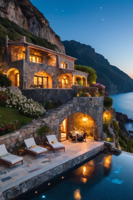 A villa next to a mountain wall, by the sea, with a flower garden, a wine bar, a small pool with big rocks, a starry night sky