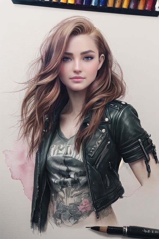 (masterpiece, high quality, 8K, high_res), ((ink drawning and watercolor wash)), grunge style, mystic embience, ultra detailed illustration, incredibly beautiful young woman, ginger hair, green eyes, black leather jacket with punk patches, loose V-neck T-shirt, worn out old jeans, skater sneakers, rock bar background, vampire elements, gothic detailes, relax poses. ,portraitart