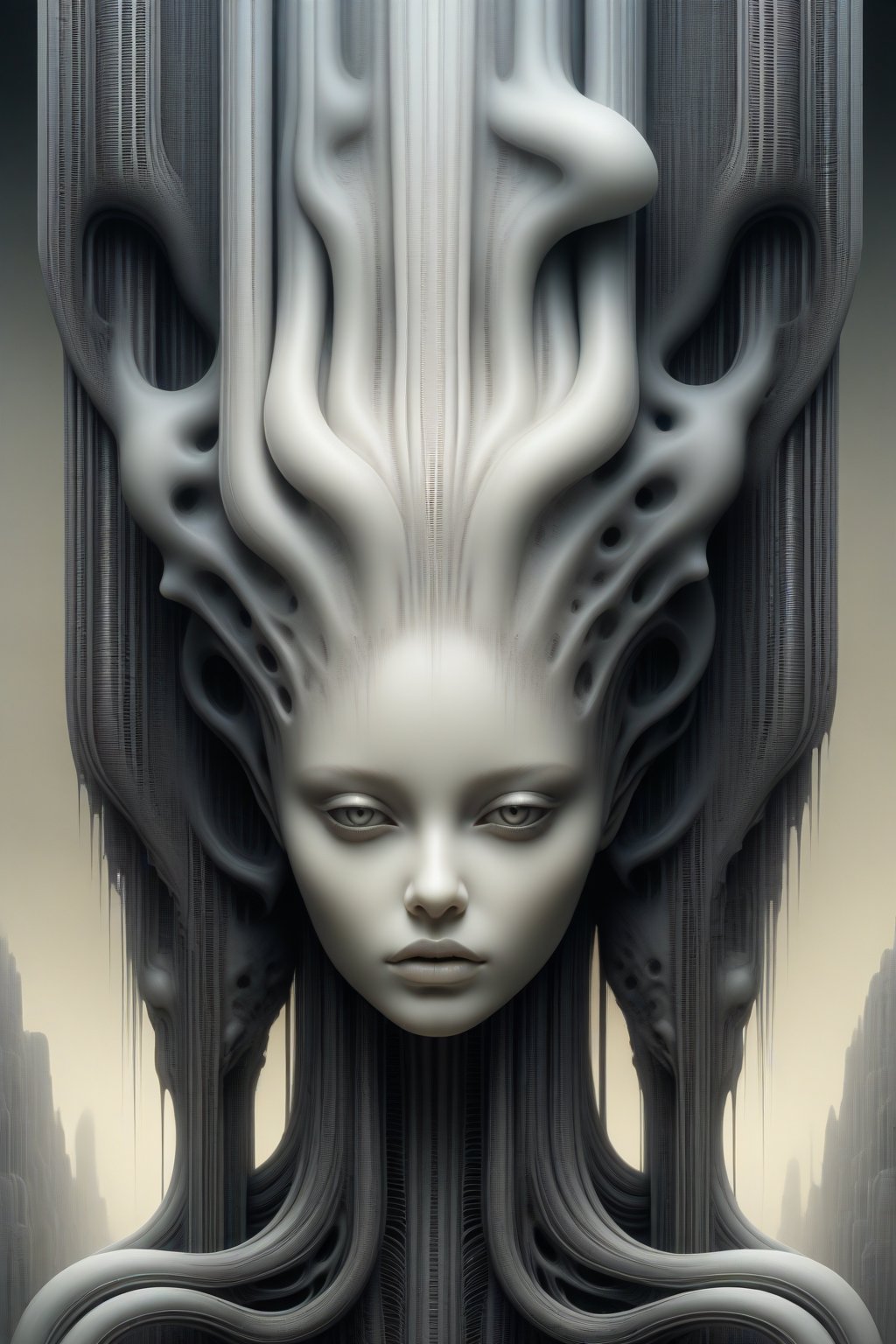A unique blend of H. R. Giger, Artgerm and Beksinski, elegant young woman with a gentle yet imposing face, poster, female, hyper detailed, high contrast,masterpiece, beautiful face,  masterpiece,surreal,8K, HDR, abstract, pointed_ears,Illustration art piece,ultra high quality model, surrealism,,<lora:659095807385103906:1.0>