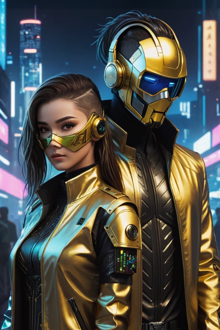 (((masterpiece))), (((realistic))), cyber punk woman and man, side by side, wearing technologic masks, behind a cyberpunk city, night, dark hair, girl, long hair, golden jackets