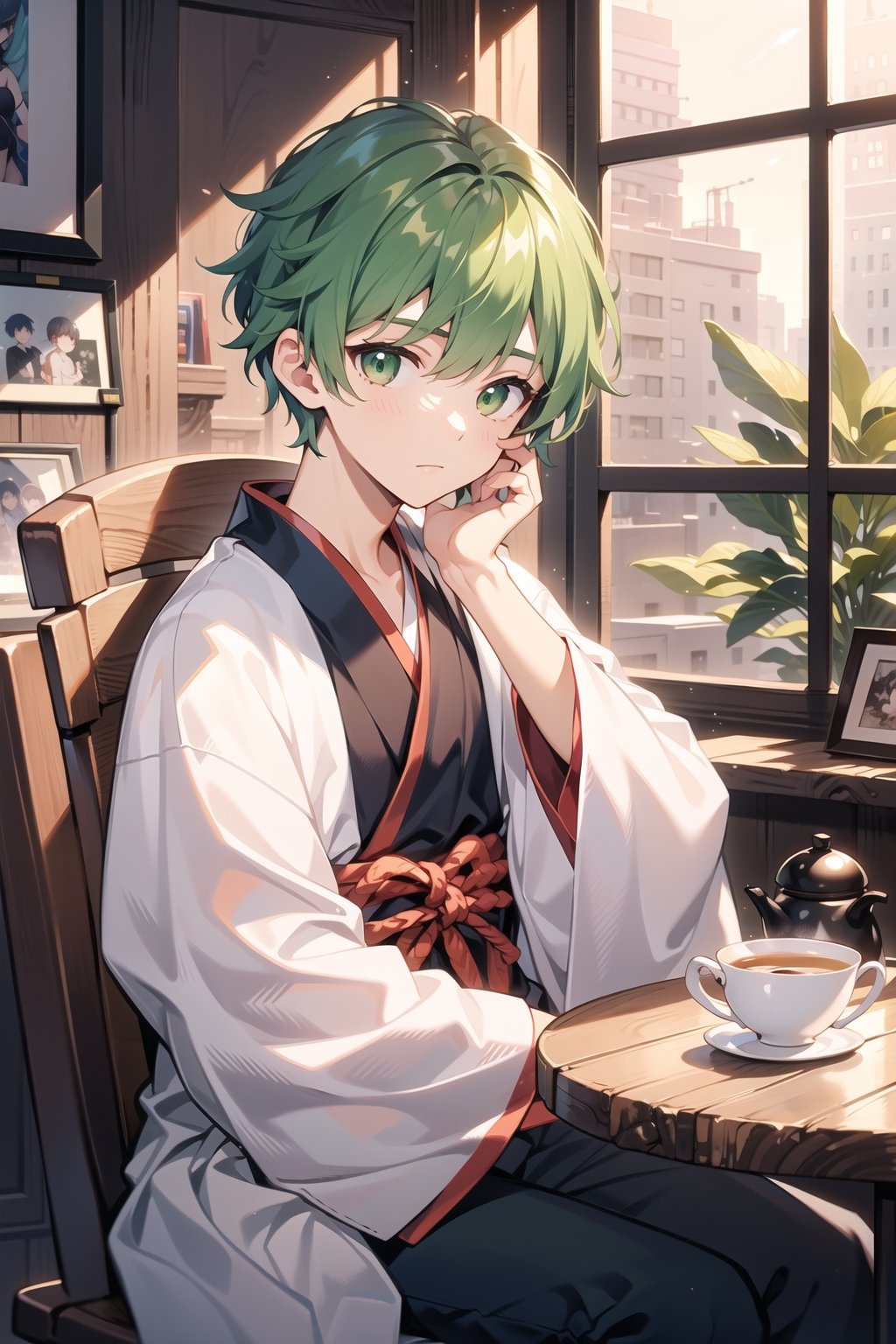 1boy, sit in tea shop, read book, brown hanfu, long green hair, green eyes