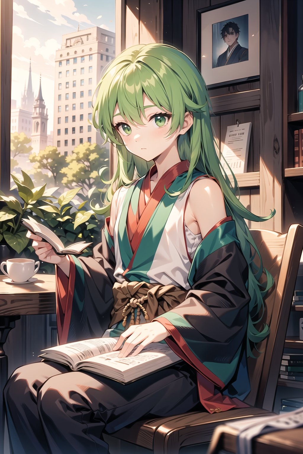 1boy, sit in tea shop, reading a book, long green hair, green eyes, young adult, hair past shoulders, brown clothes, hanfu, man, pouch at waist, 