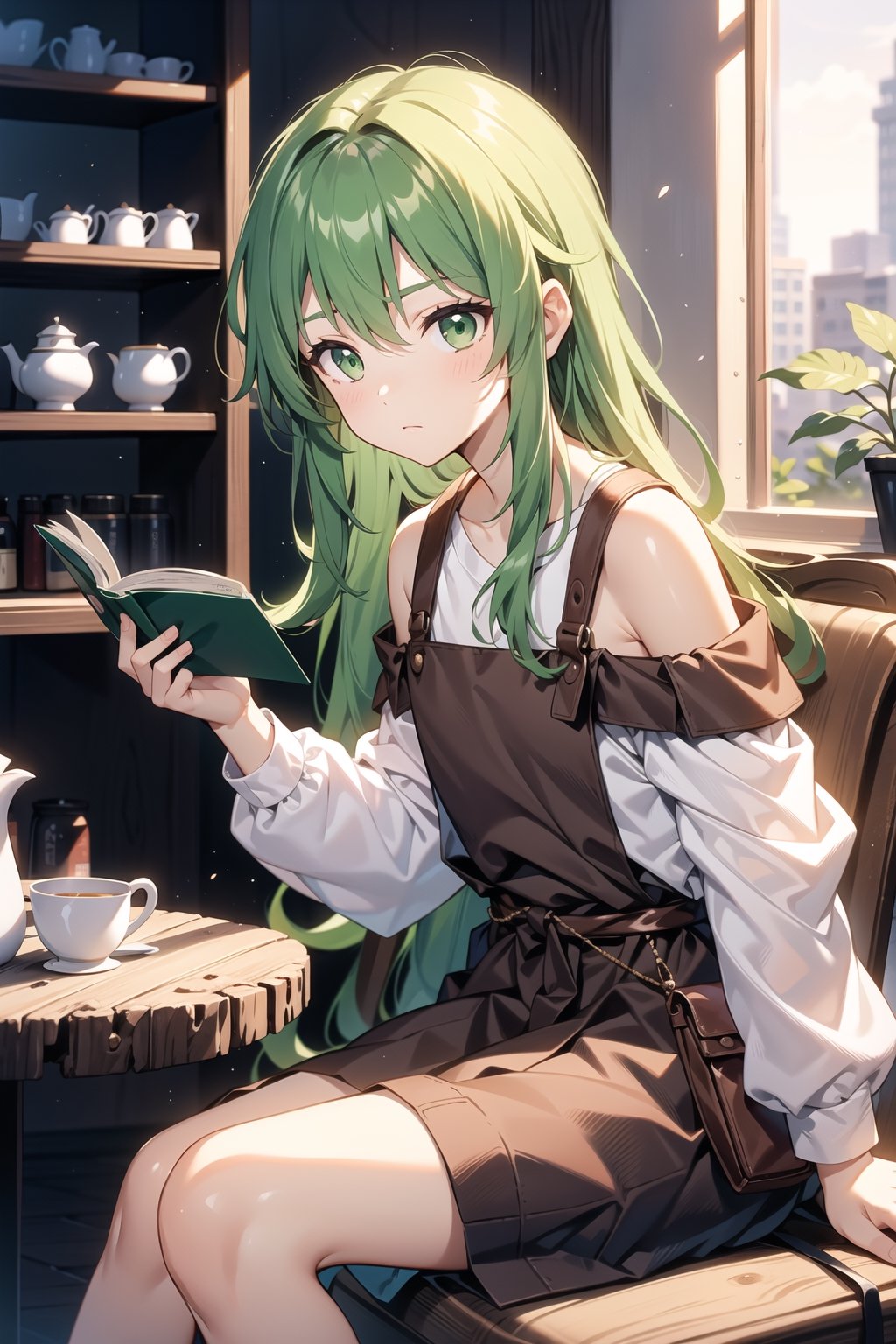1boy, sit in tea shop, reading a book, long green hair, green eyes, young adult, hair past shoulders, brown clothes, pouch at waist
