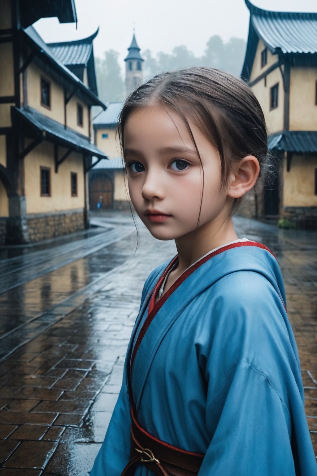 A blue-eyed baby girl left in front of the orphanage in the rainy weather in the medieval fantasy city is seen from afar