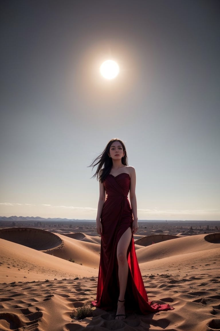 Desert Solitude: Imagine a woman in a flowing red dress, standing atop a sand dune overlooking a vast desert landscape. The sun dips below the horizon, casting long shadows and painting the sky in fiery hues. The silence is broken only by the whisper of wind, and the woman's expression is one of quiet contemplation amidst the stark beauty of nature's harshest embrace.