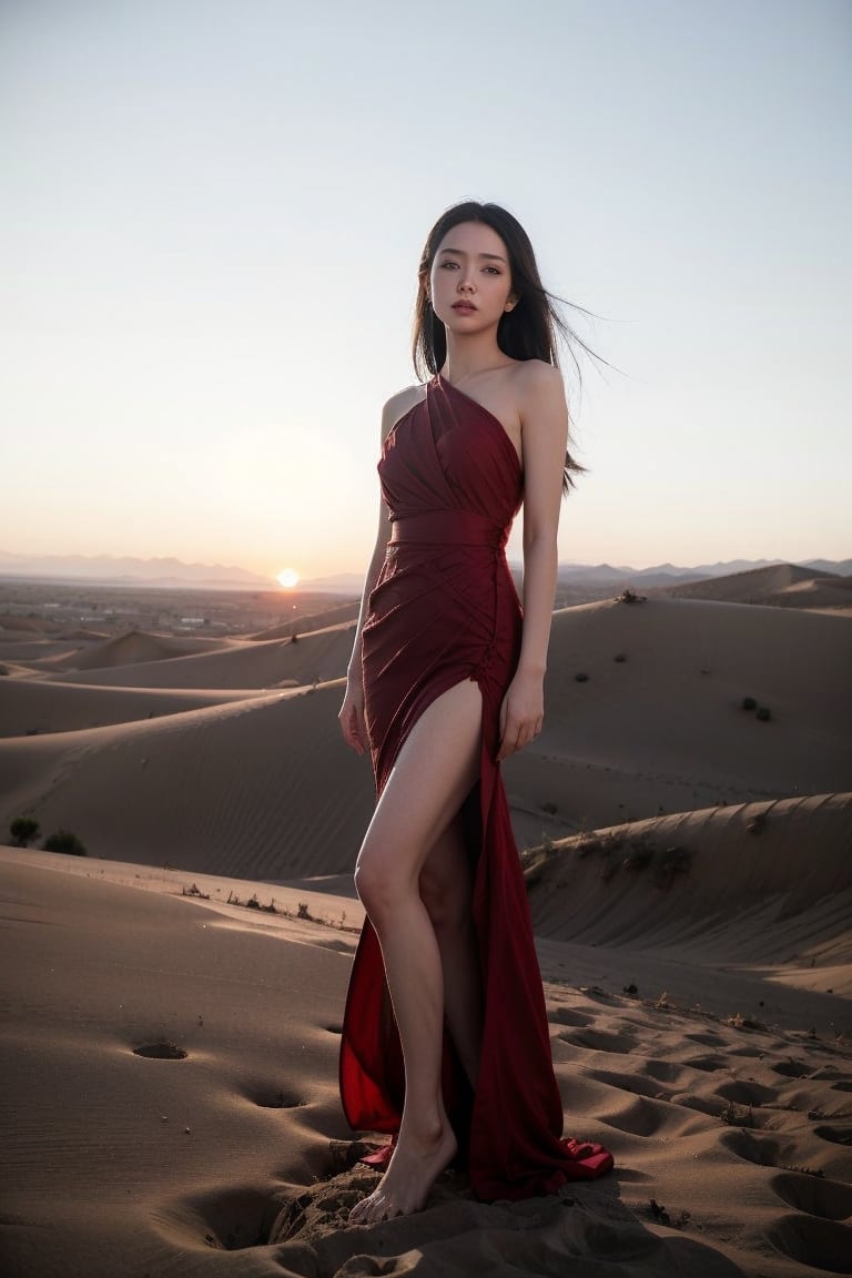 Desert Solitude: Imagine a woman in a flowing red dress, standing atop a sand dune overlooking a vast desert landscape. The sun dips below the horizon, casting long shadows and painting the sky in fiery hues. The silence is broken only by the whisper of wind, and the woman's expression is one of quiet contemplation amidst the stark beauty of nature's harshest embrace.china girl 22。happy
