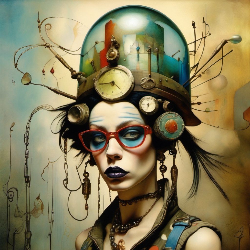 hybrid Tank Girl and Les Claypool, Psychosomatic Art By Tim Burton, Yves Tanguy, Wassily Kandinsky, Catrin Welz-Stein, Meghan Duncanson Hieronymus Bosch, Jennifer Lommers, Thomas Kinkade, Enoch Bolles, Pablo Picasso Surreal, Broken Glass effect, no background, stunning, something that doesn't exist, mythical being, energy, molecular, textures, iridescent and luminescent scales, breathtaking beauty, pure perfection, divine presence, unforgettable, impressive, breathtaking beauty, Volumetric light, auras, rays, vivid colors reflects