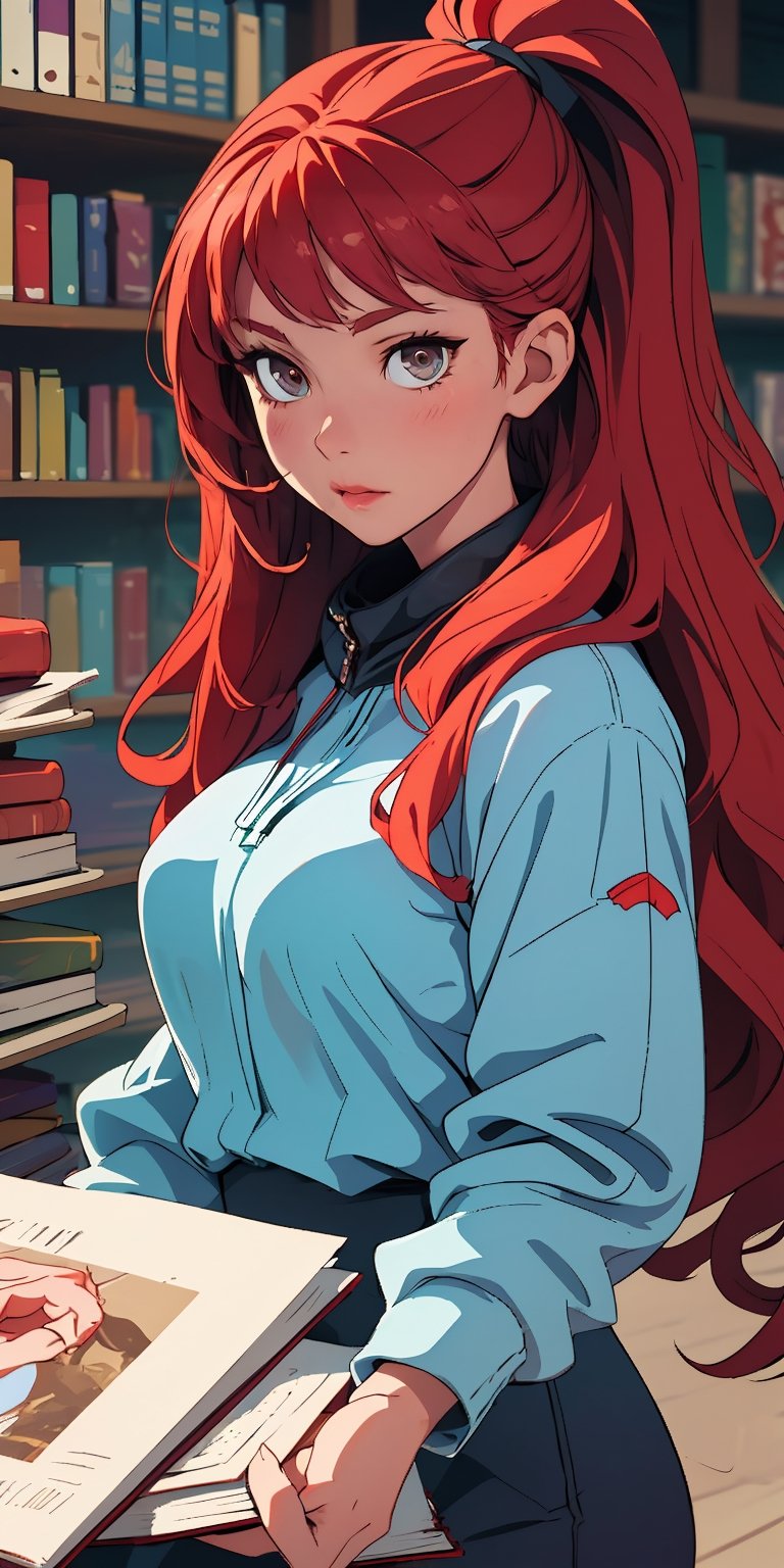 (best quality, masterpiece), sole_female, age 17,  sexy, looking at viewer, bookstore background, upper body, long hair, red hair, touching hair