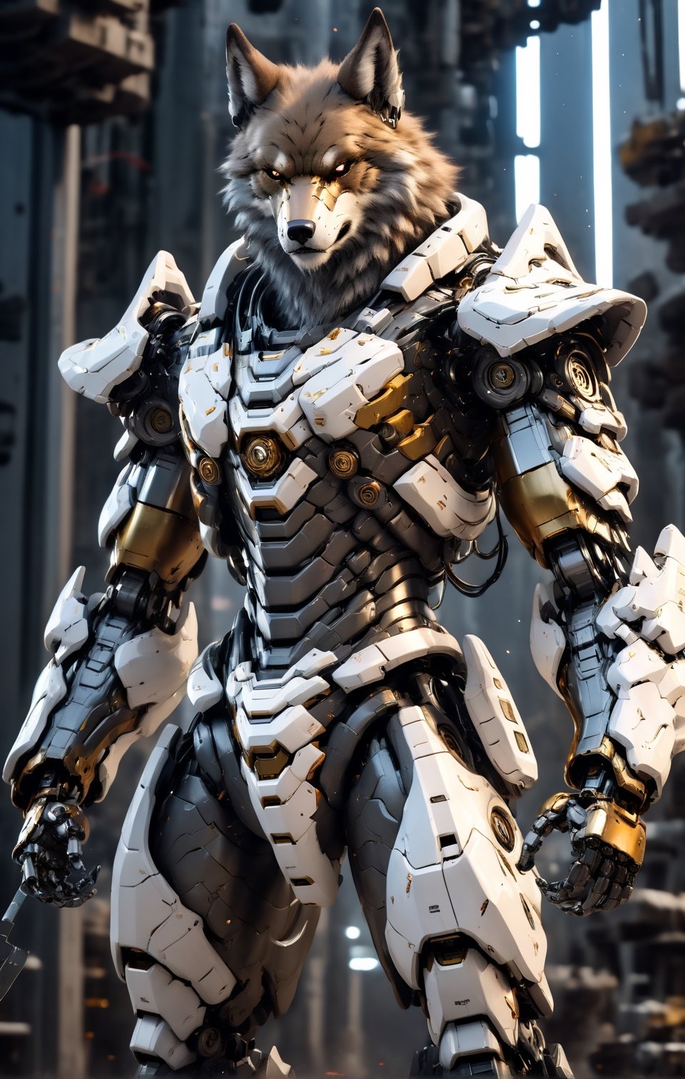An Angry brown Wolf Robot Mecha Soldier, Angry Agile Anthropomorphic Figure, Wearing Futuristic White and Gray Soldier Armor and Weapons, Reflection Mapping, Realistic Figure, Hyper Detailed, Cinematic Lighting Photography, 32k UHD