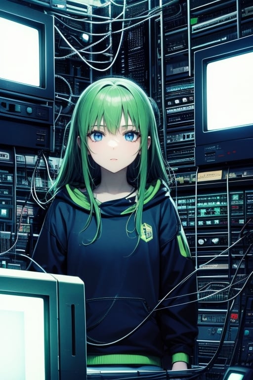 Depressive Machines, 1girl, green hair, blue eyes, green lighting, televisions everywhere, cables everywhere,