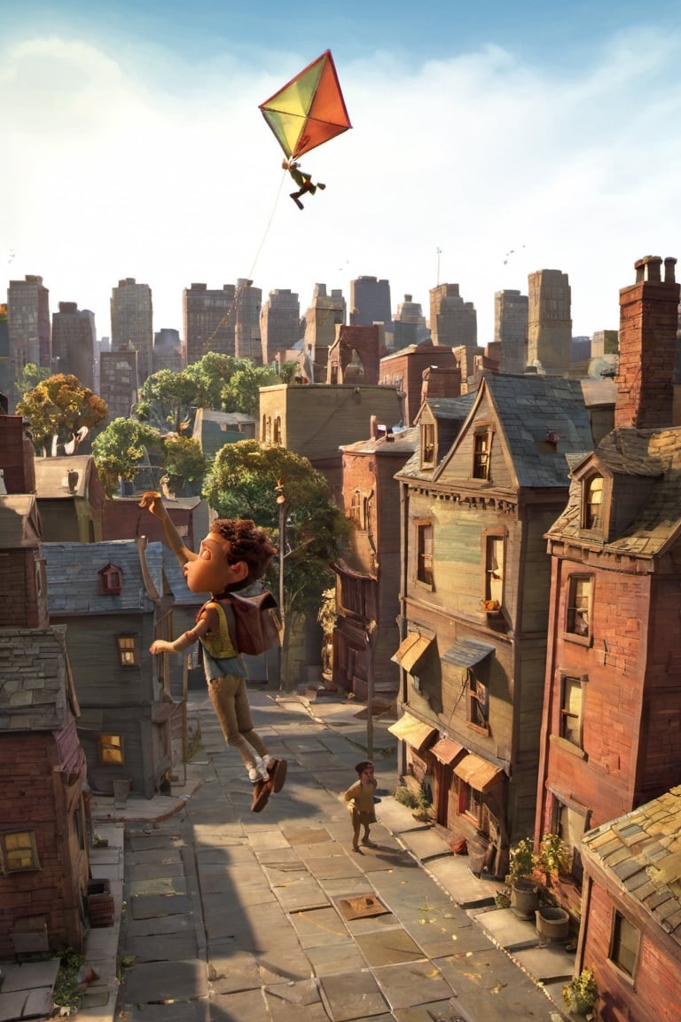 masterpiece, stopmotion, boxtrolls style, (stabilization shot), 16:9, overhead view, an African-American boy is flying a kite on the roof of his house, in the background is a New York neighborhood in the 1980s.