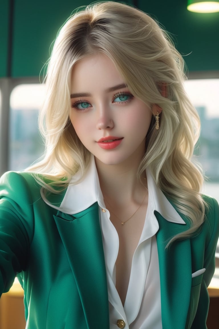 girl with long platinum blond hair in green blazer and white blouse, azure eyes, shy smile, in the style of hyper-realistic atmospheres, anime aesthetic, dotted, fenghua zhong, close up, light gold and dark emerald, 32k uhd 