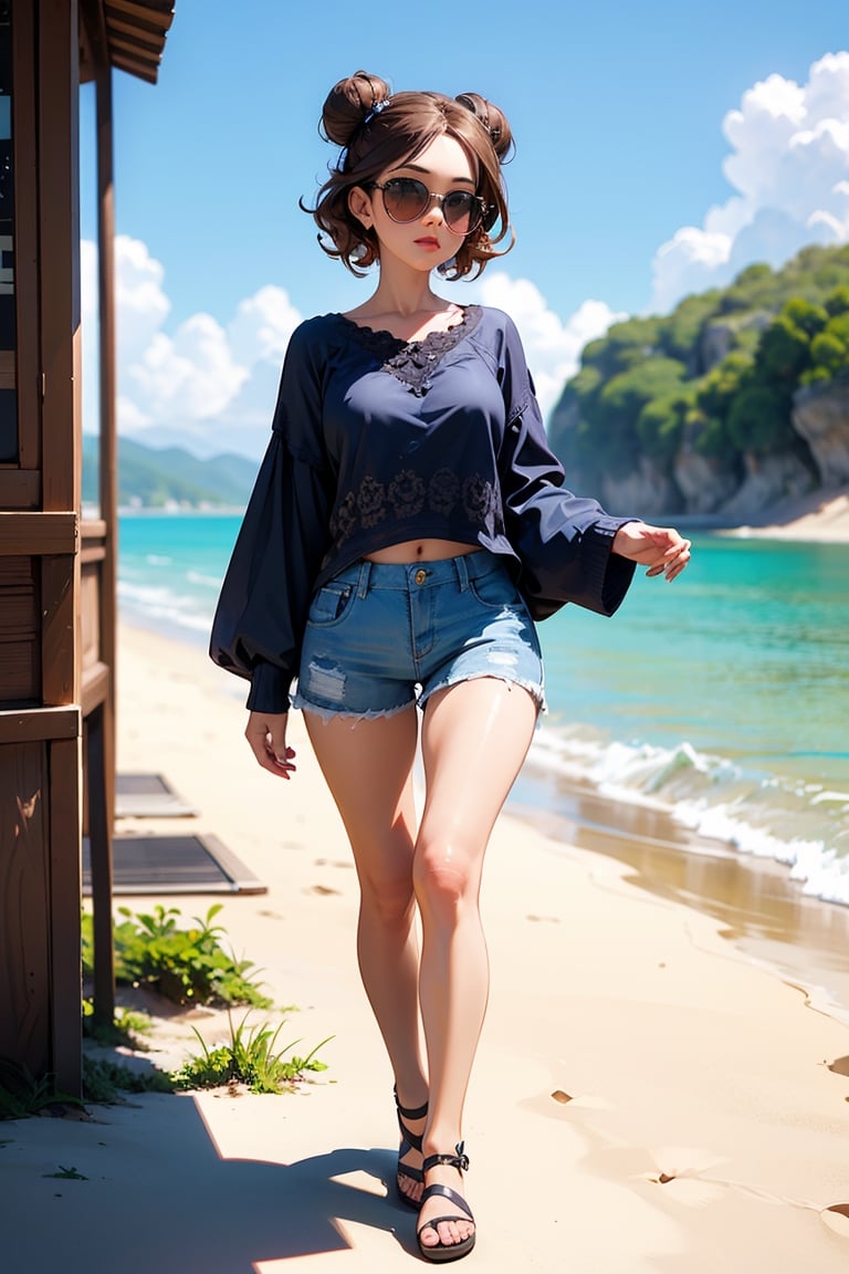 beautiful little girl wearing a blue top and shorts with a lace pattern on the bottom half of the outfit, curly brown hair in two buns at the back, big pouty lips, large sunglasses on her head, walking on the beach, in the style of Lilia Alvarado, walking, high_resolution, detailed, disney pixar style