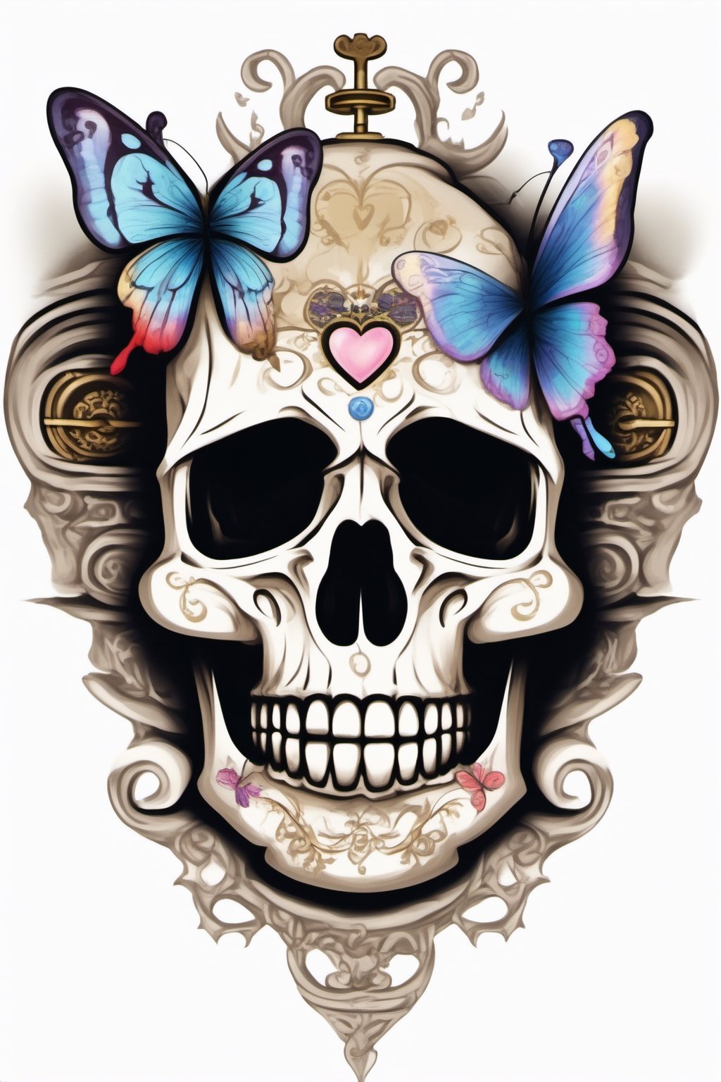 large intricate skull with butterfly wings colorful heart shaped lock with skeleton key inscribed with the date 02-22-2022 and the name behind two happily married very old people with the names jacob and irene