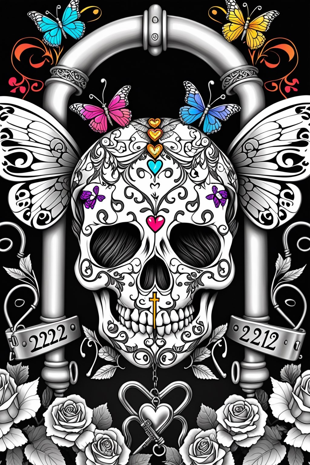 large intricate skull with butterfly wings colorful heart shaped lock with skeleton key inscribed with the date 02-22-2022 and the name behind two happily married very old people with the names jacob and irene,Coloring Page
