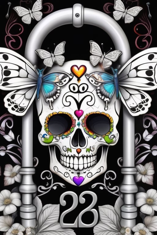 large intricate skull with butterfly wings colorful heart shaped lock with skeleton key inscribed with the date 02-22-2022 and the name behind two happily married very old people with the names jacob and irene,Coloring Page