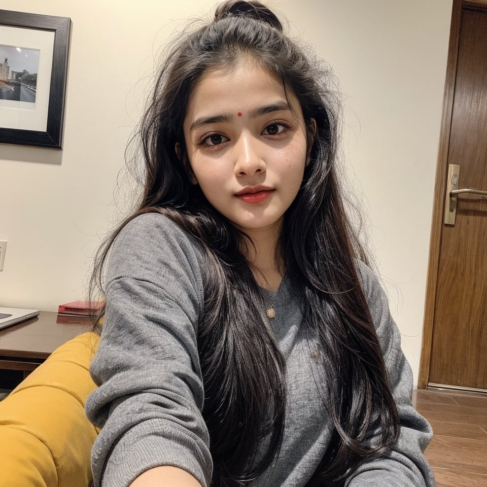 beautiful cute young attractive indian teenage girl, morden girl, 25 years old, cute,  Instagram model, long black_hair, colorful hair, warm, dacing, playing around at home