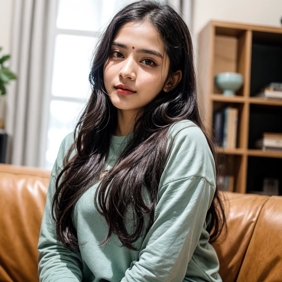 beautiful cute young attractive indian teenage girl, morden girl, 25 years old, cute,  Instagram model, long black_hair, colorful hair, warm, dacing, playing around in morden and lavish beautiful background home